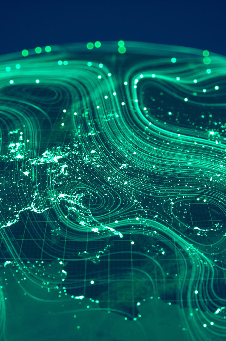 Overwiev of a globe with green vortexes