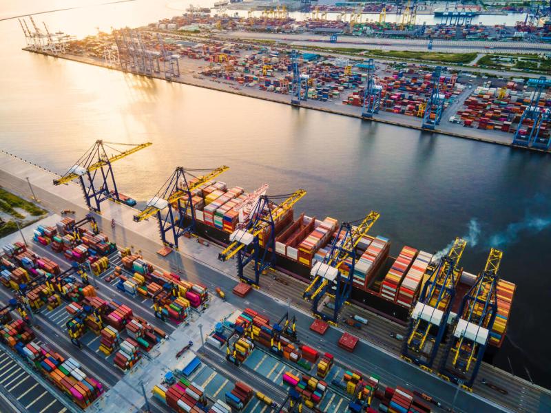 Harbor and container ship