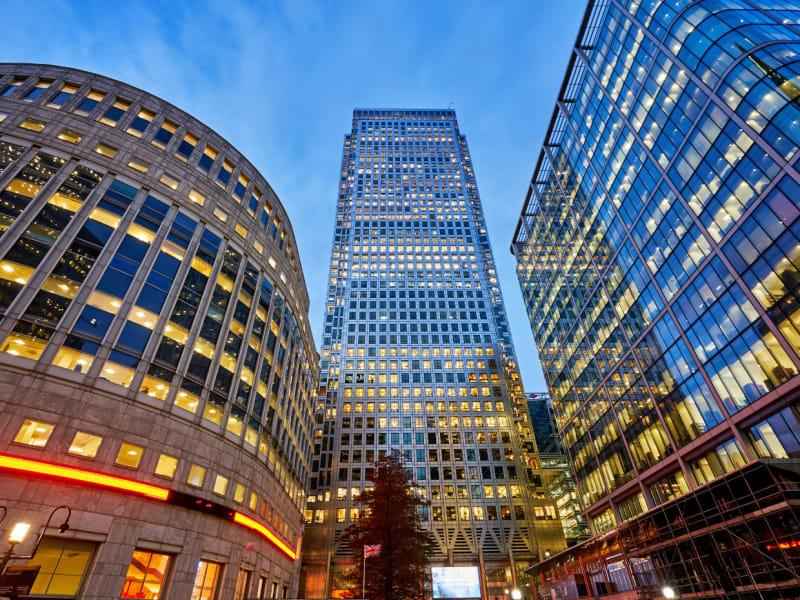 Three different corporate buildings next to each other