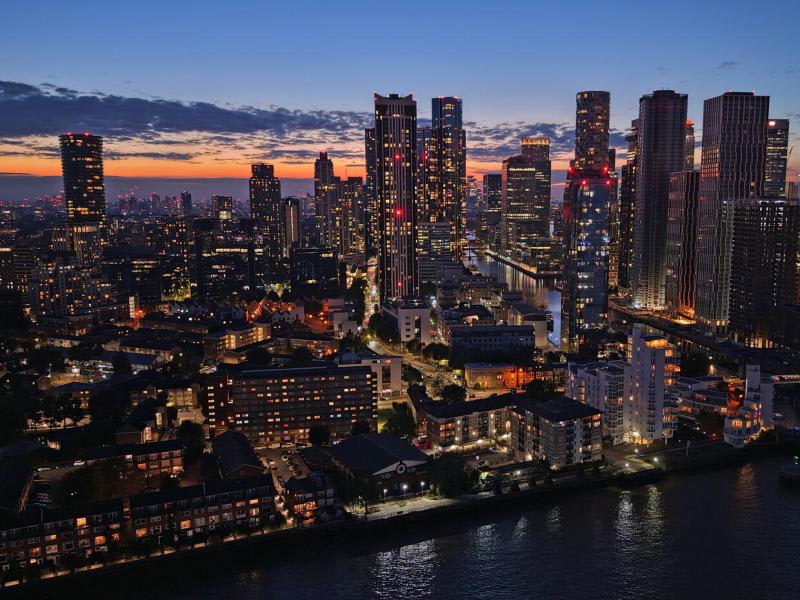 Aerial view of Canary Wharf at night