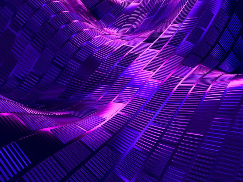 Abstract image of flowing wave-like forms composed of a structured grid pattern in vibrant purple tones