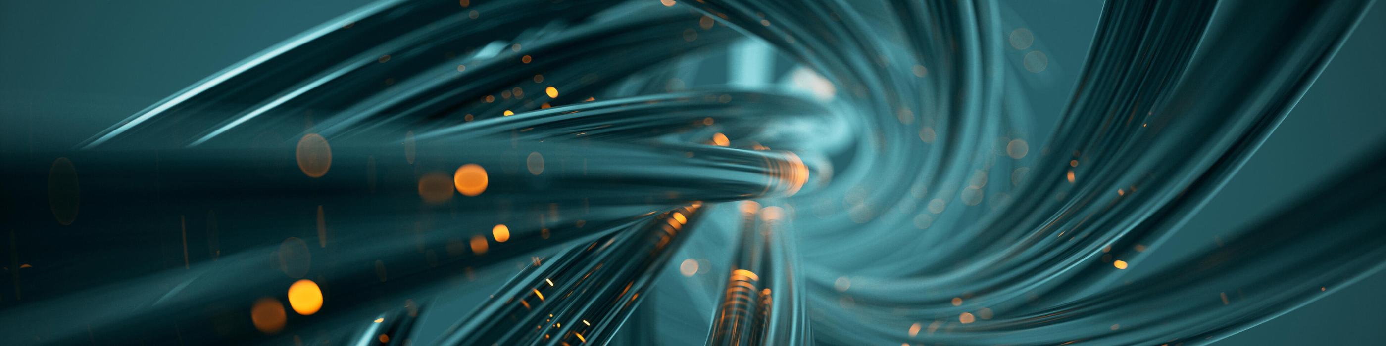Abstract image of smooth, curved strands forming a tunnel-like structure with glowing particles moving through the flow
