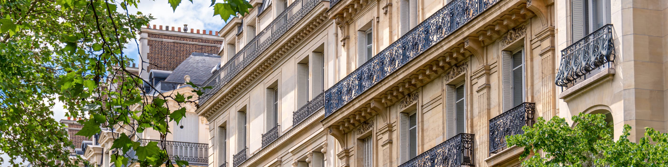 An old tenement house with an elegant façade visible from behind the green leaves