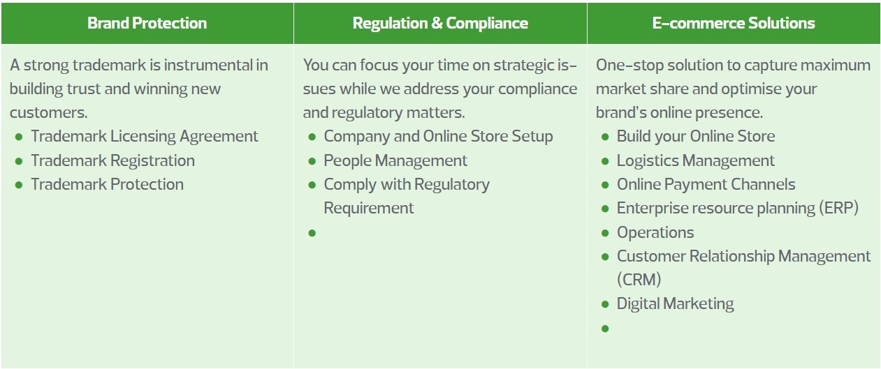 Table showing how we can help business to start their retail business through Brand Protection, Regulation & Compliance and E-commerce Solutions