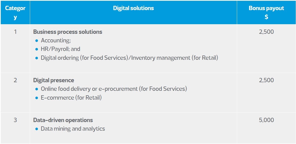 Table showing the Digital Solutions and the respective bonus payout in the Digital Resilience Bonus 