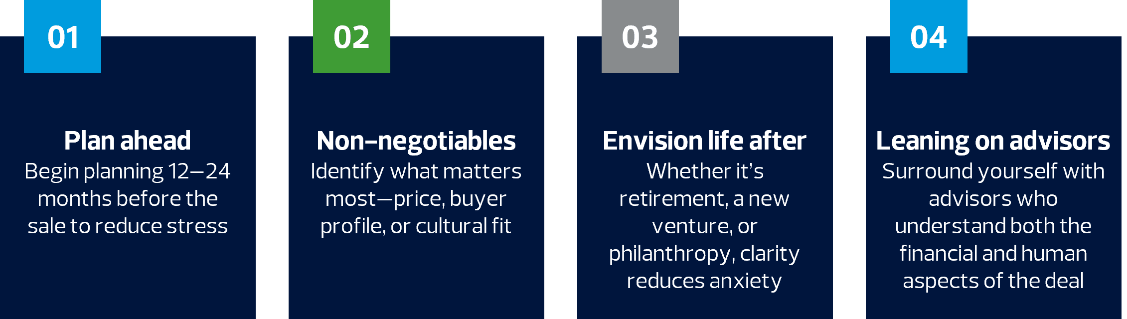 Plan ahead, Non-negotiables, Evision life after, Leaning on advisors