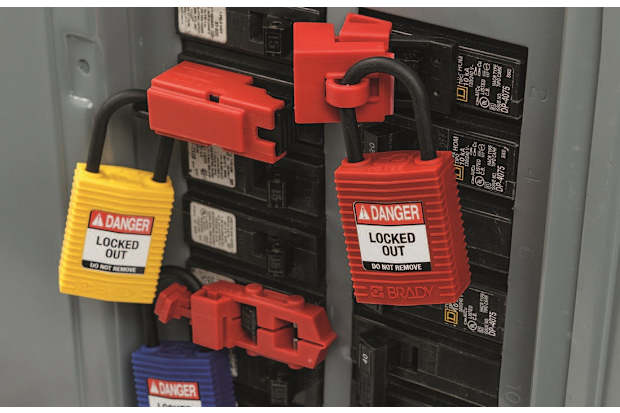 Lockout tagout locks on an electrical panel