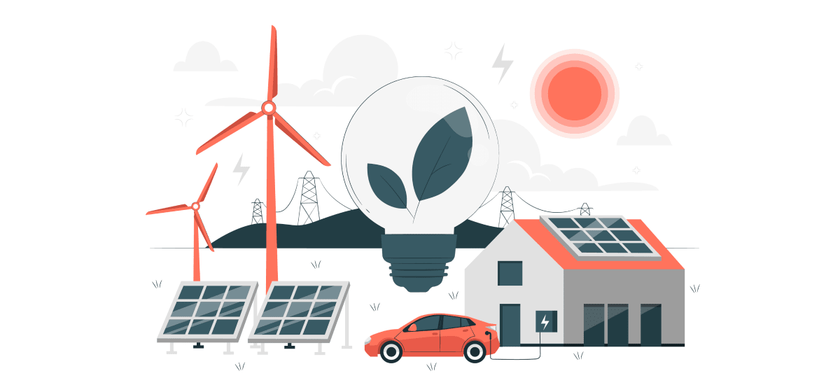 Infografía que representa fuentes de energía renovables dando energía a una casa y un coche eléctrico