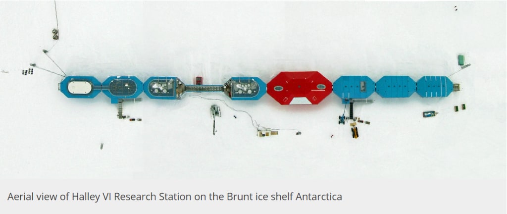 Aerial view of Halley VI Research Station on the Brunt ice shelf Antarctica