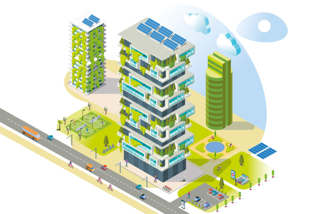 Bâtiment moderne et écologique avec jardin vertical et panneaux solaires. Illustration vectorielle isométrique en perspective.