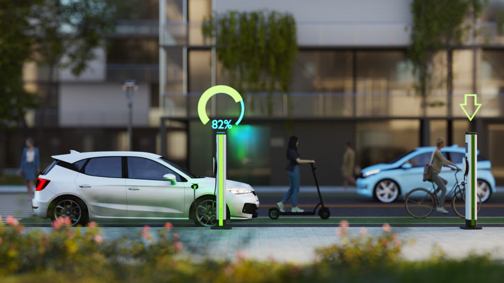 Véhicule électrique à une borne de recharge. Modèles 3D de bornes de recharge et de voitures.