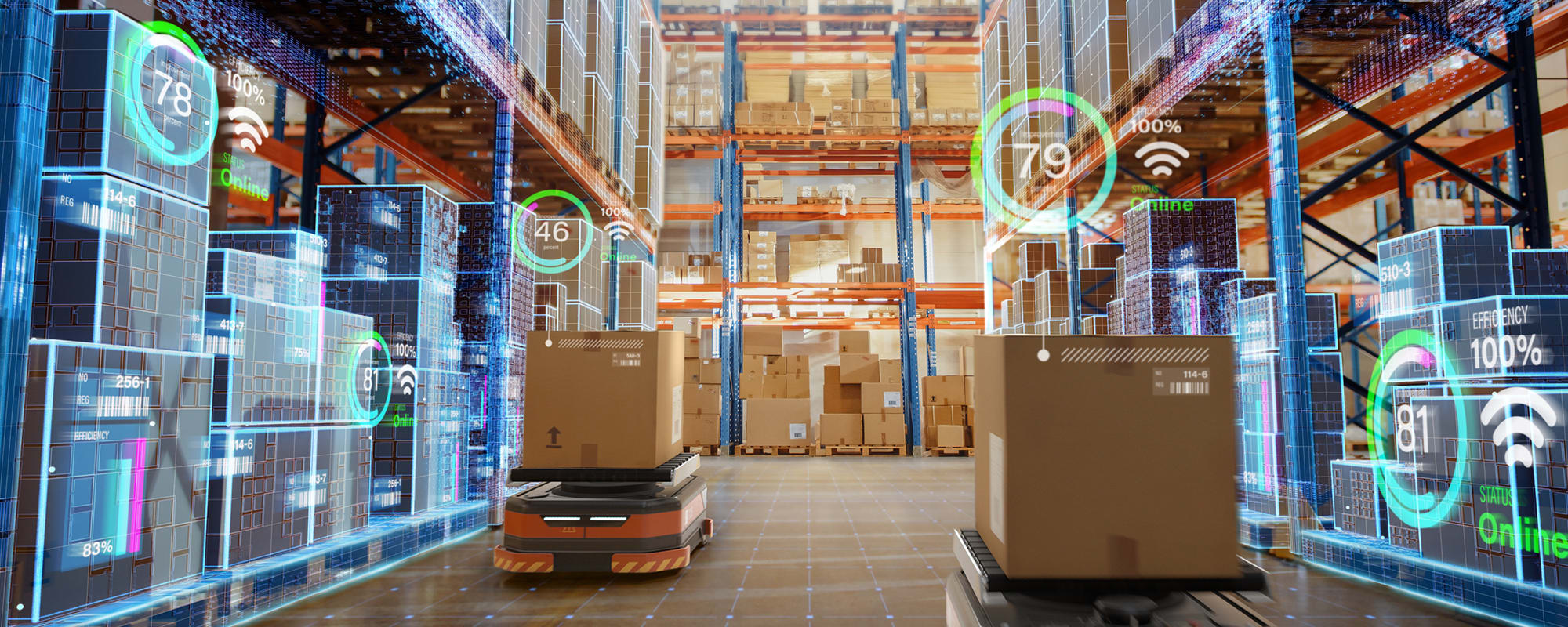 A wide shot of a warehouse filled with boxes on top of pallets, which have green digital displays above them displaying the total efficiency of the inventory management with the help of AI.