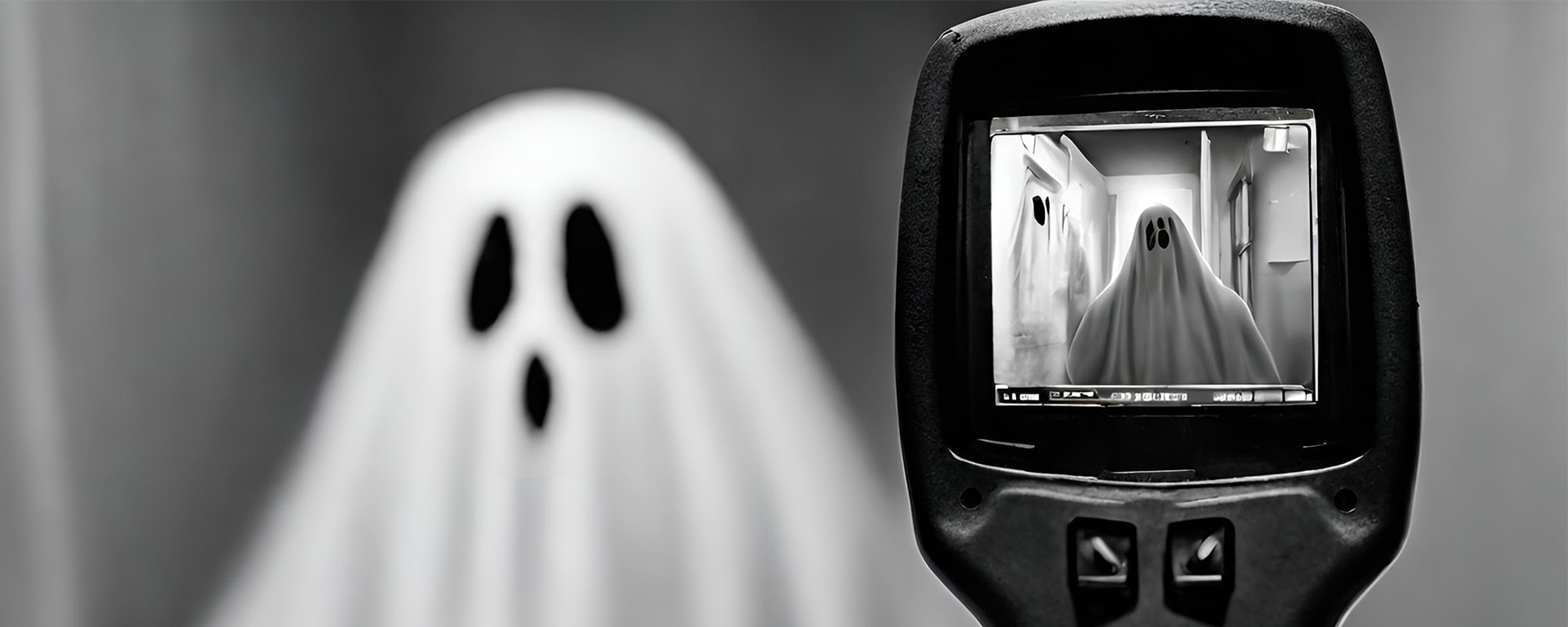 A thermal imaging camera pointing at a cartoon style ghost, with the image of the ghost being displayed on the device