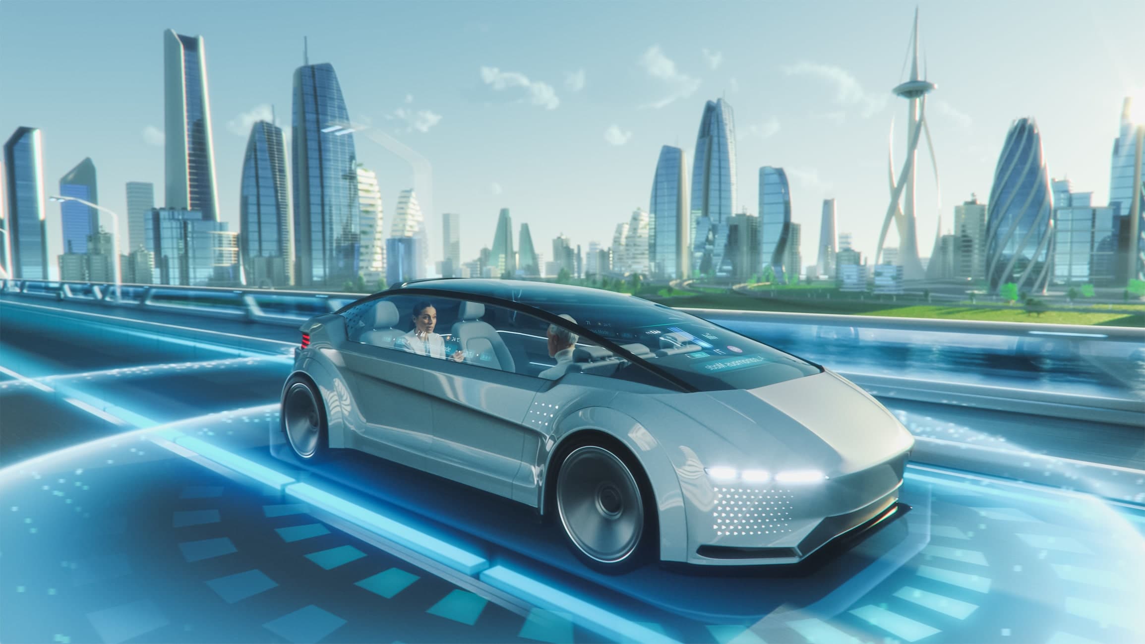 A futuristic electric vehicle travelling along a high-tech smart road with glowing blue lanes. These lanes represent inductive charging technology, allowing the car to charge its battery on the go.