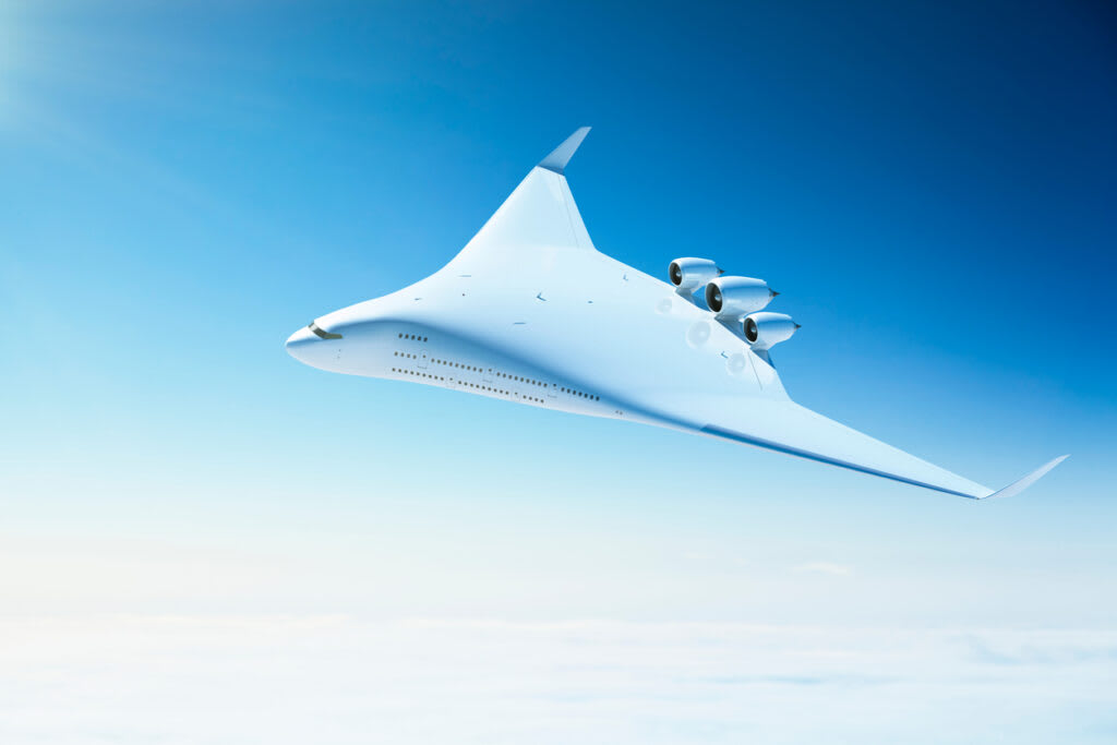 A concept of a large futuristic plane flying over a bright blue sky