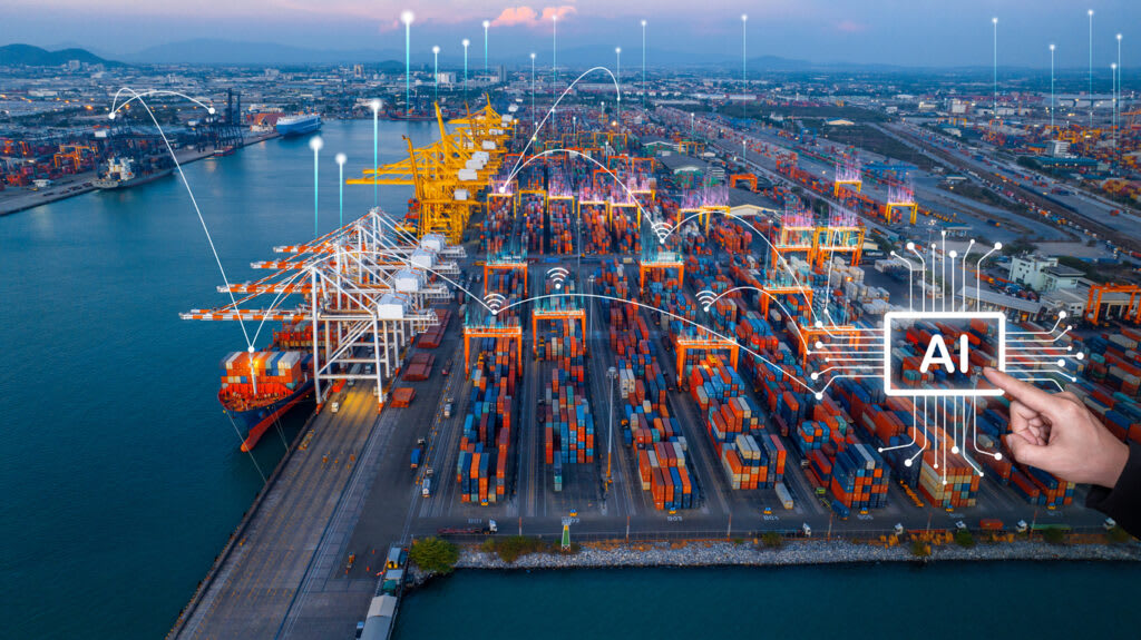 Cargo ships at a dockyard, unloading freight, with an AI icon and digital lines connecting to represent AI in shipping
