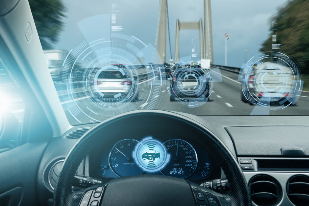 Smart IoT-connected sensors in a car, visualised from the driver's point of view
