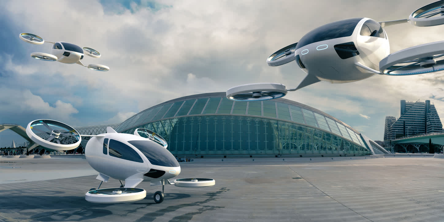 Rappresentazione futuristica di aeromobili elettrici a decollo e atterraggio verticale