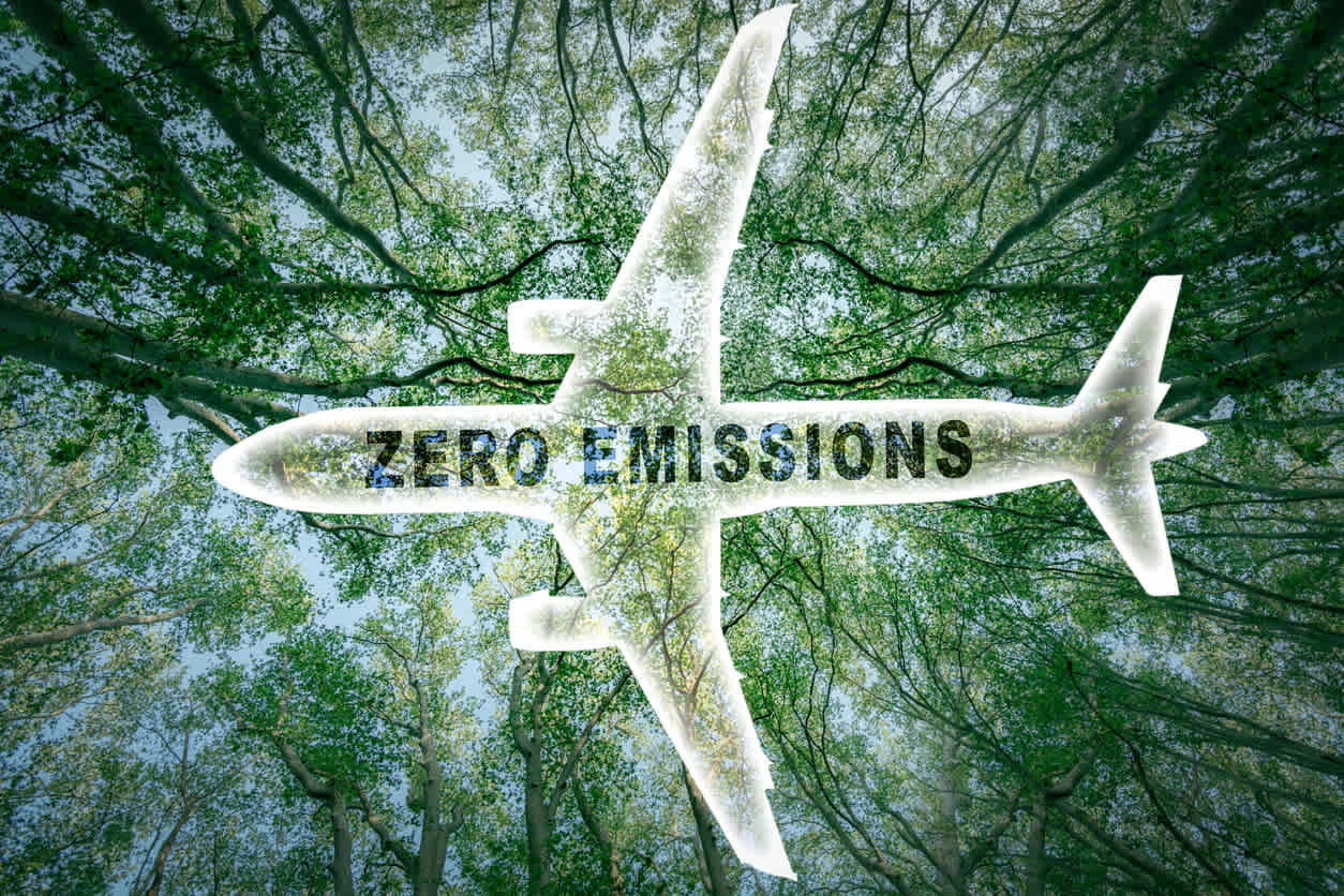 Worm's eye view of a forest with outline of a plane superimposed on top and the phrase 'zero emissions' written on the plane's body
