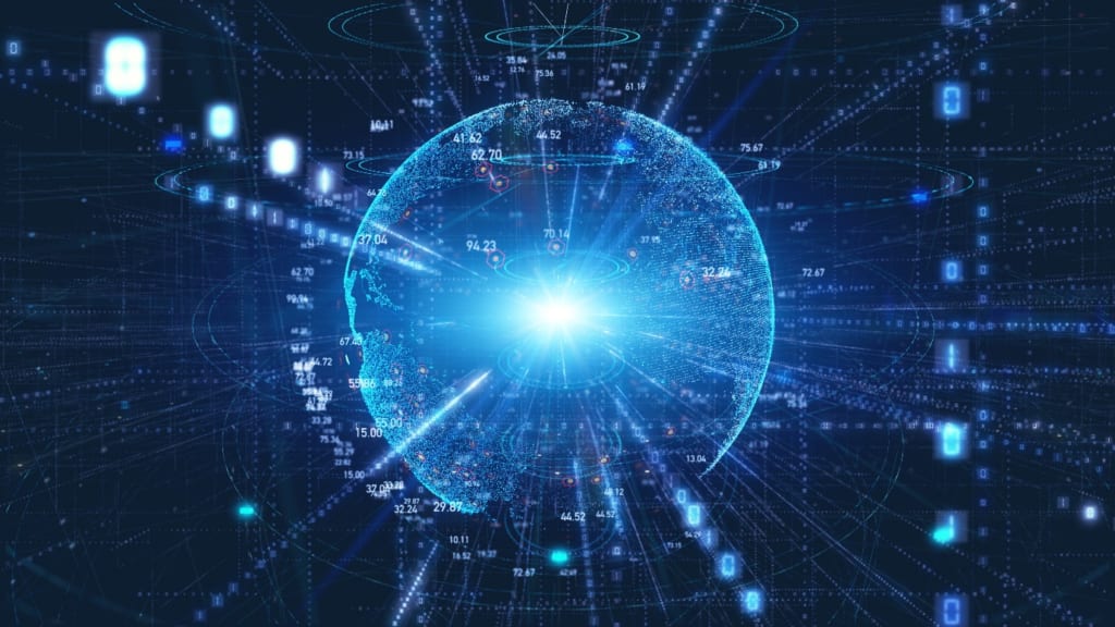 Globo digitale luminoso blu circondato da circuiti e dati, simbolo del futuro dei semiconduttori e dell'IoT