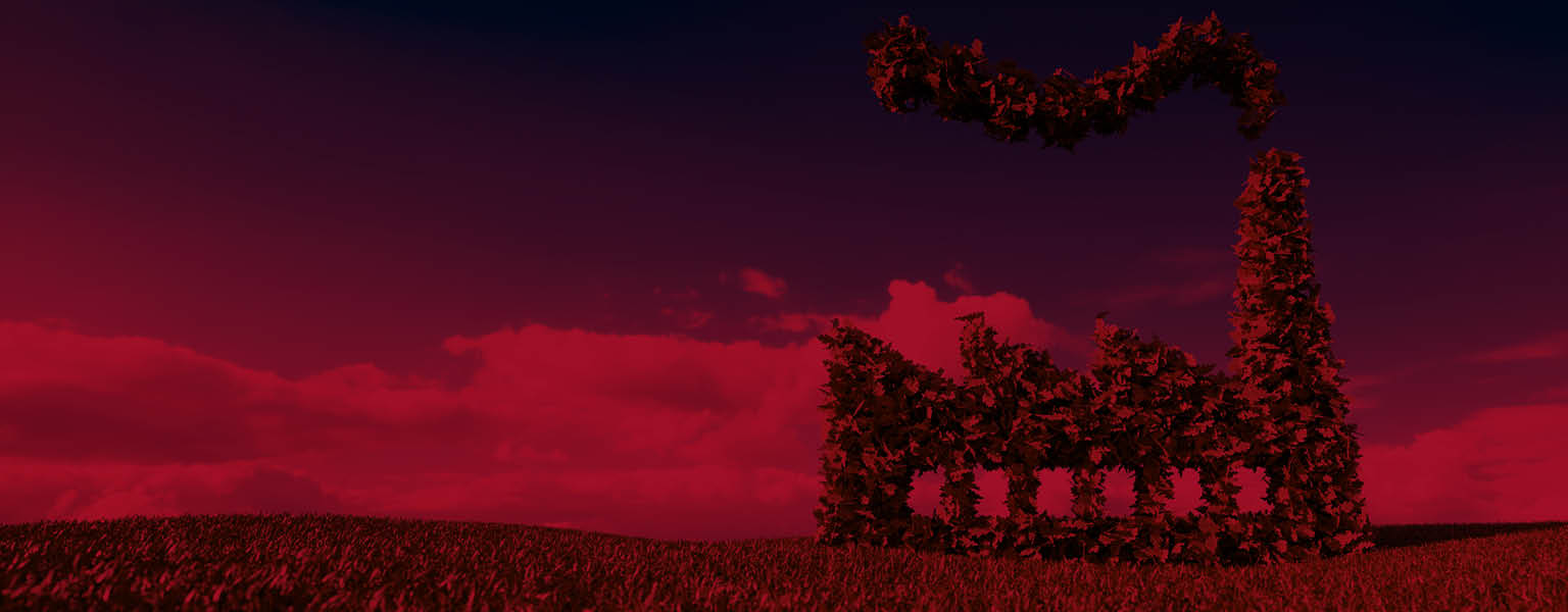 A factory made out of leaves, in a vast open field depicting sustainable manufacturing