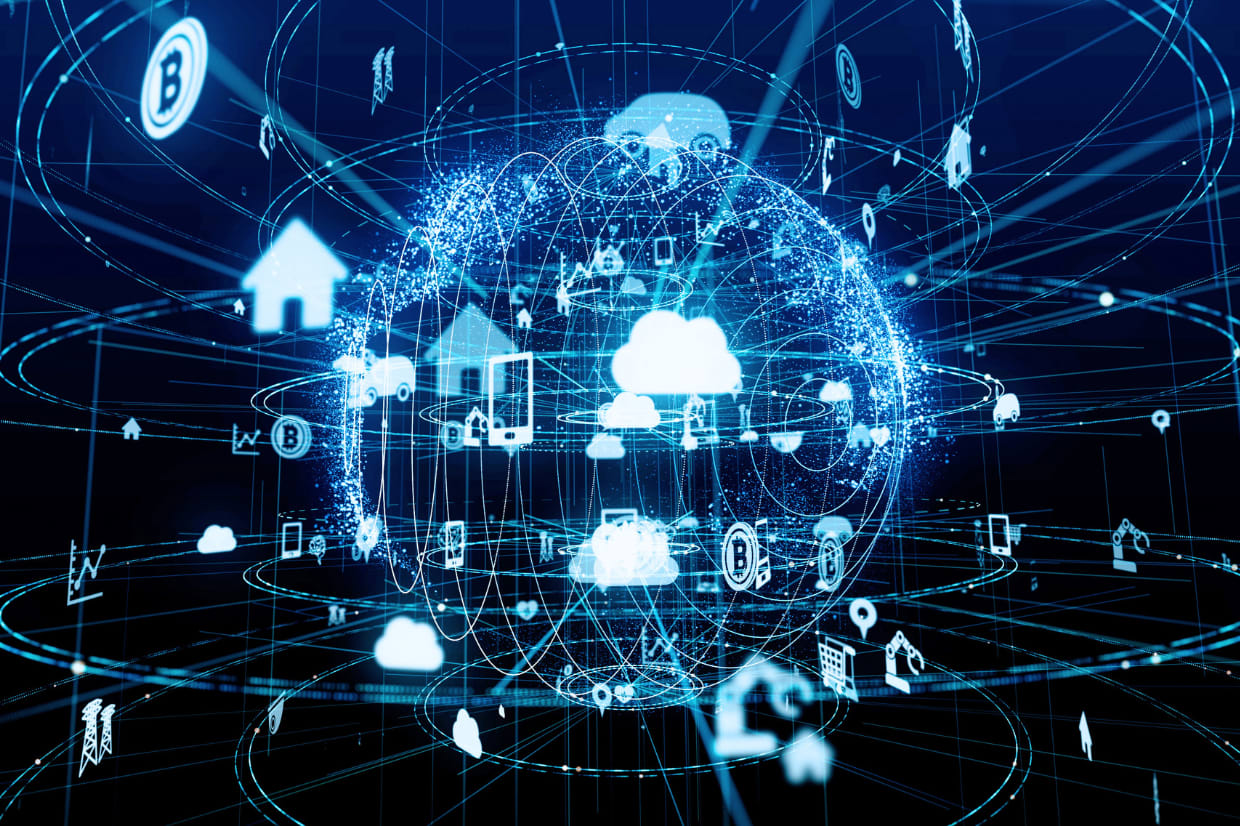 Digital illustration of a connected IoT network with cloud icons, smart devices, and data connections surrounding a glowing global network, representing edge, fog, and cloud computing infrastructure.