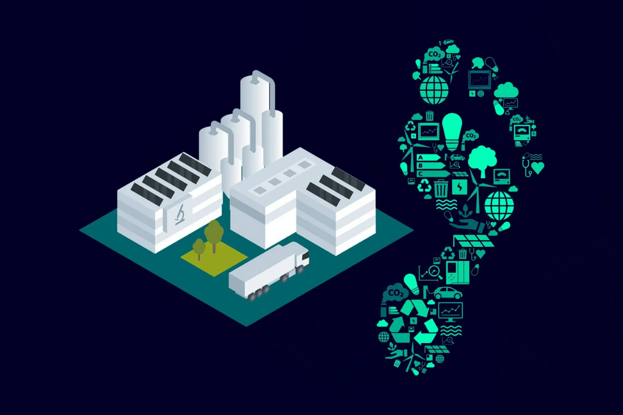 Render de una fábrica y de un pie simbolizando la huella de carbono