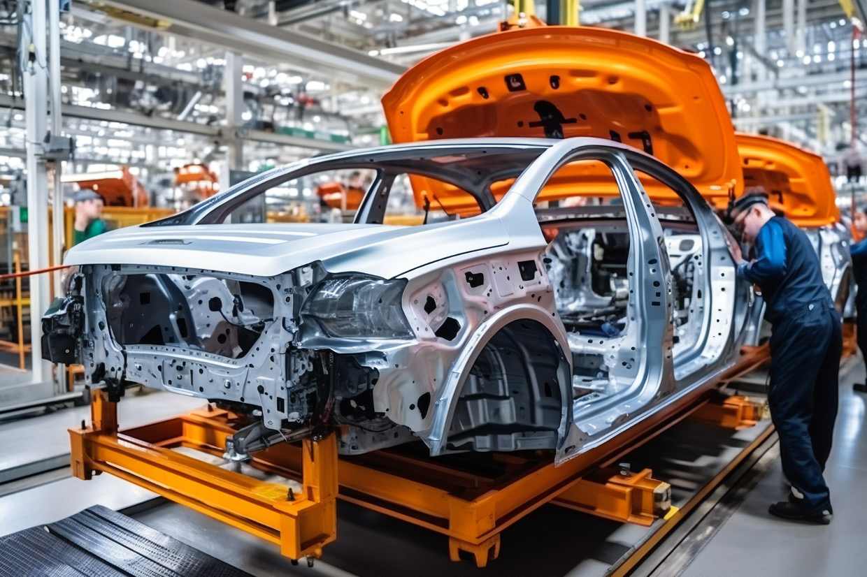 Car body on an automotive assembly line, showing a lightweight aluminium body-in-white during manufacturing before components and interior are installed.