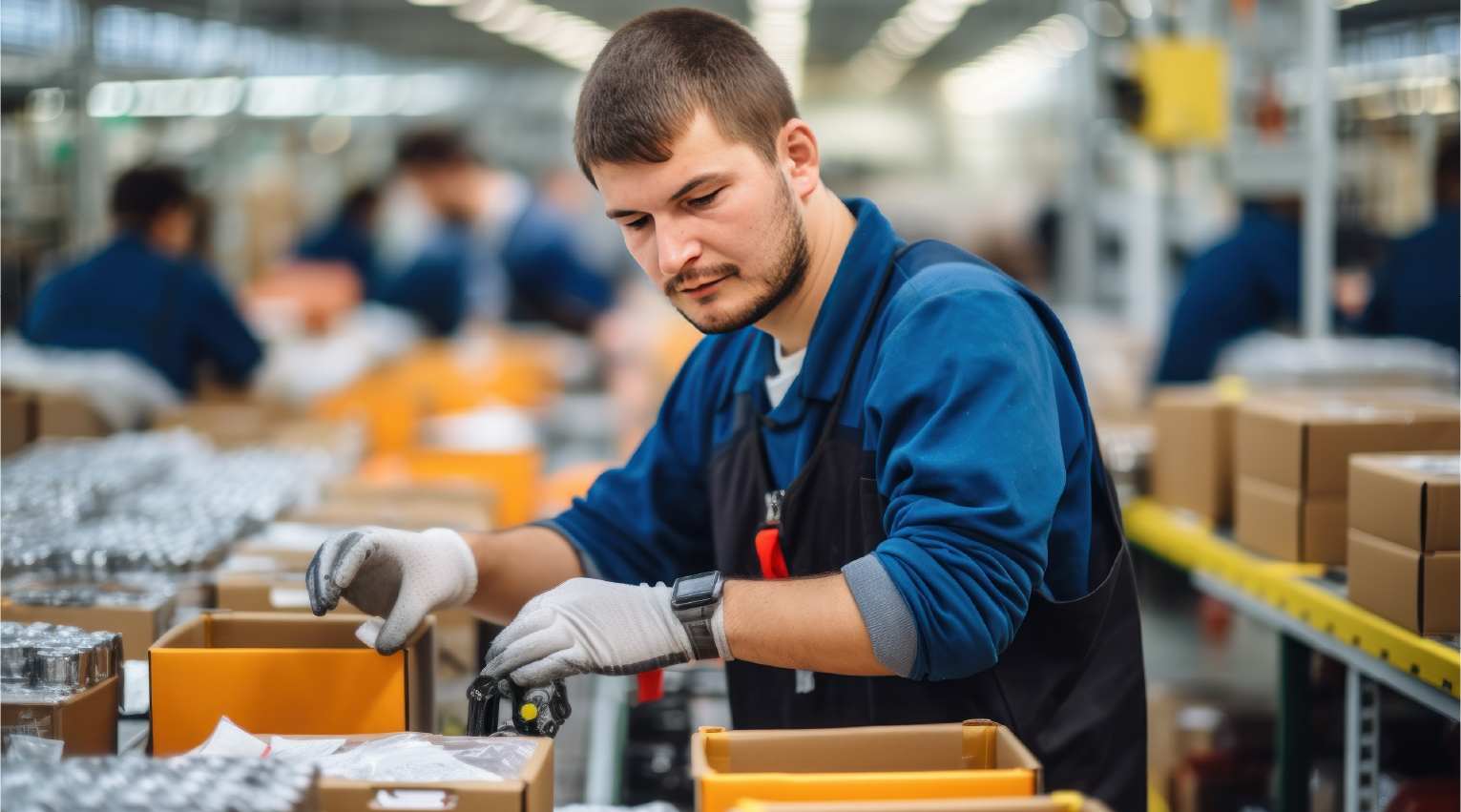 A person in a factory, surronded by cardboard boxes, filling and taping a cardboard box.