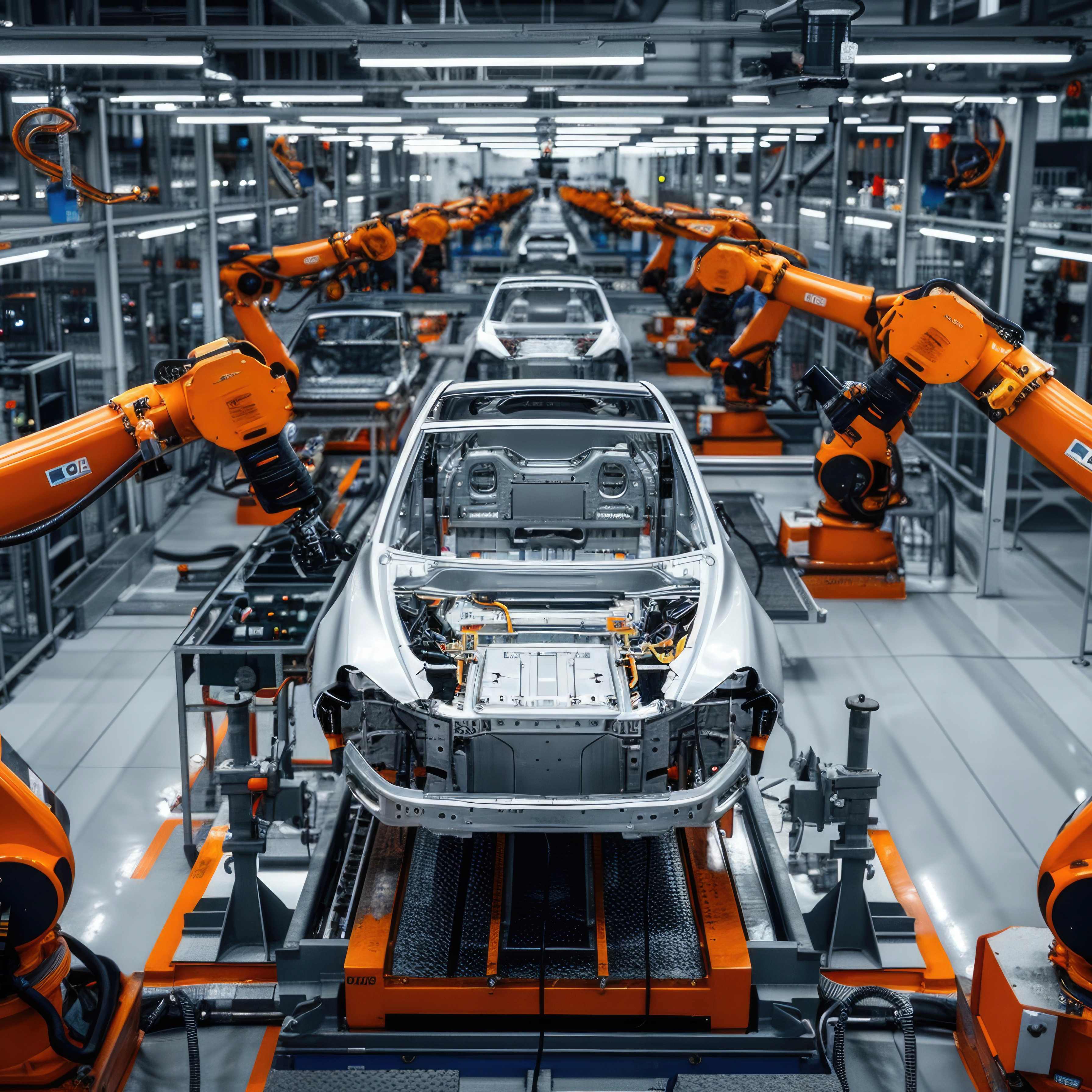 A set of large robotic arms building a vehicle.