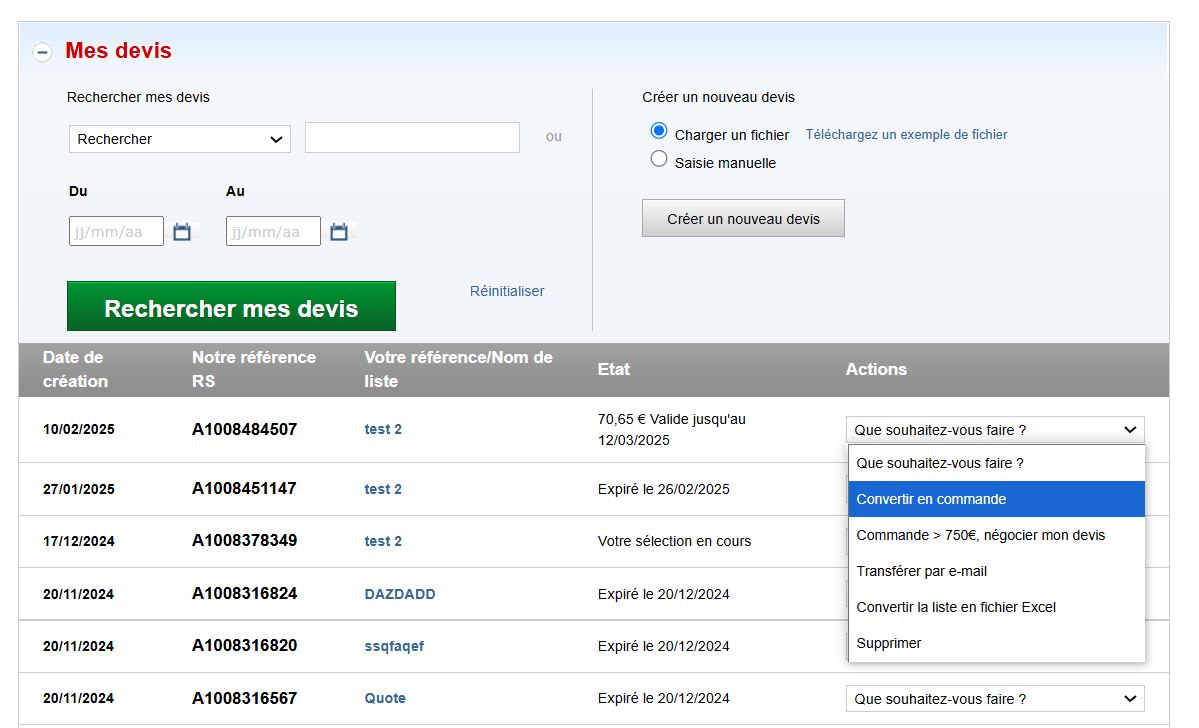 Capture d'écran de la page devis dans Mon Espace