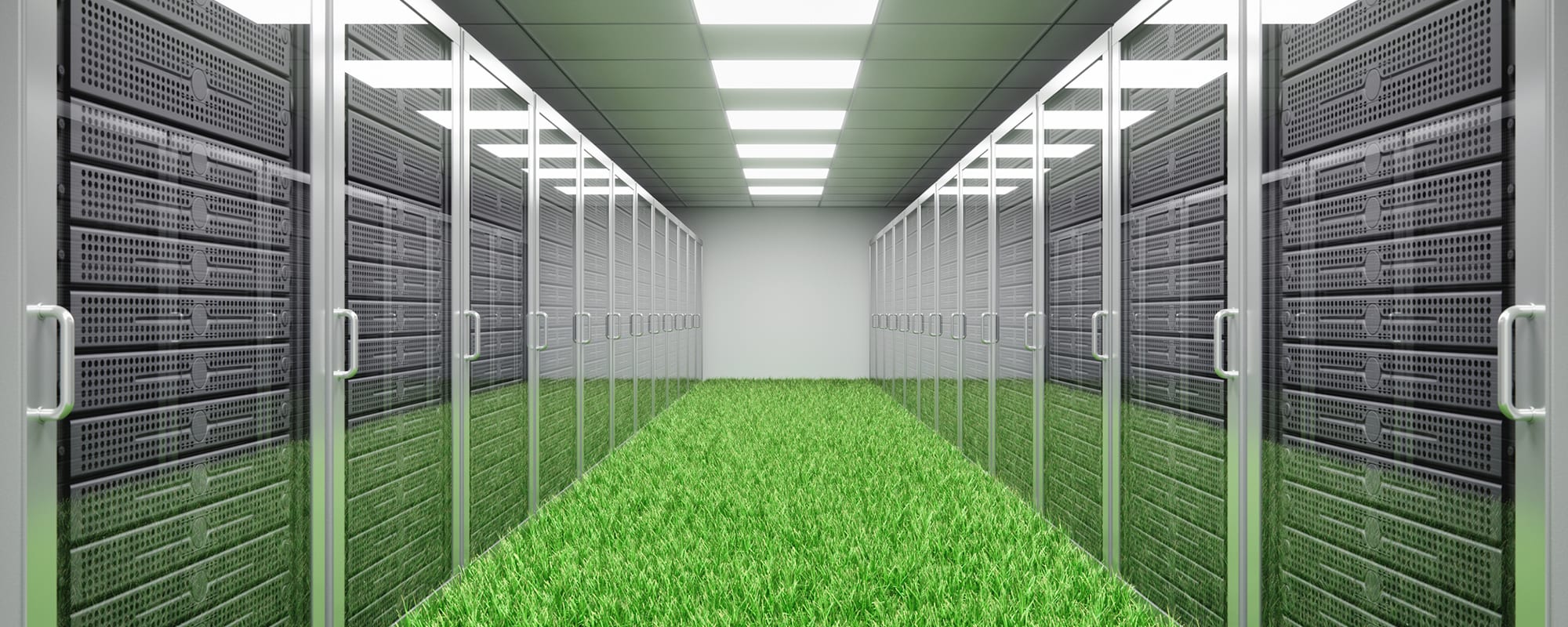 A shot of a data centre, with servers either side and a carpet of grass on the floor to symbolise sustainability prioritisation for data centres.