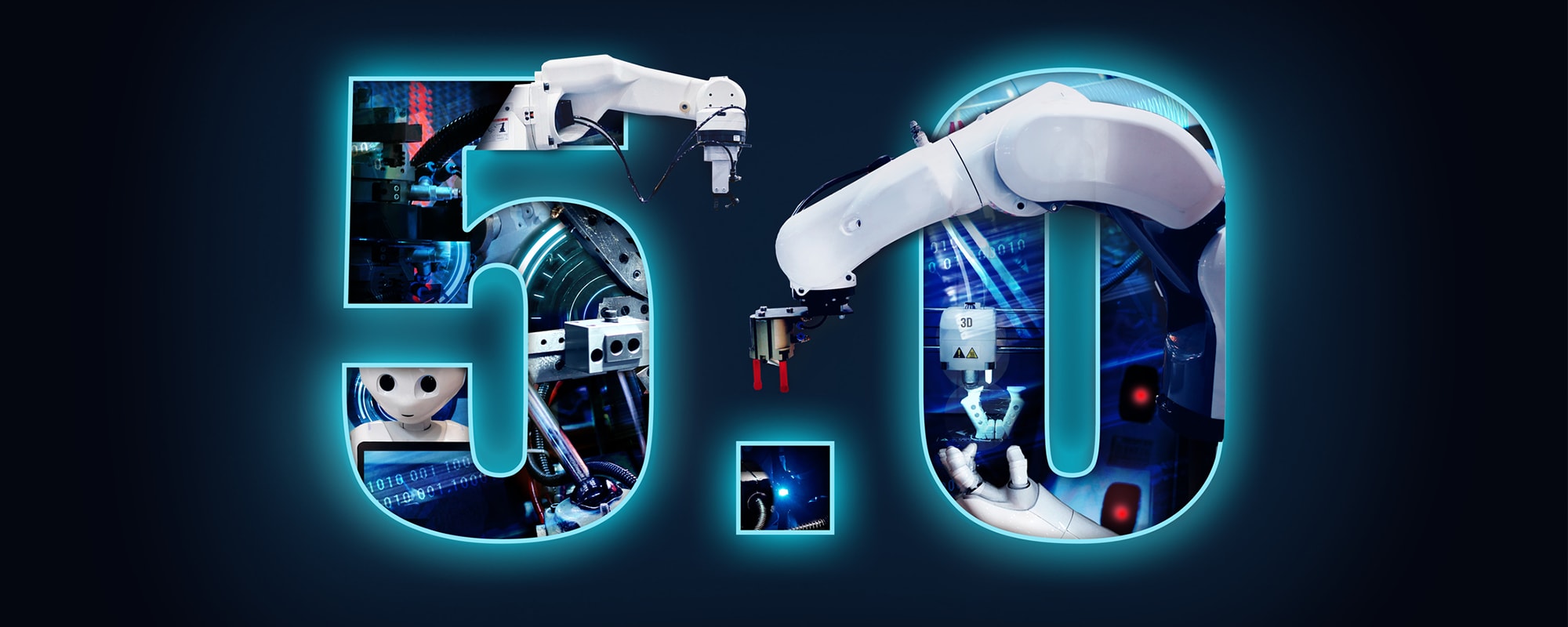 The numbers 5.0, with technology inside the numbers such as robotic arms, humanoid robots and AI, to symbolise industry 5.0 and its importance in the industrial sector.