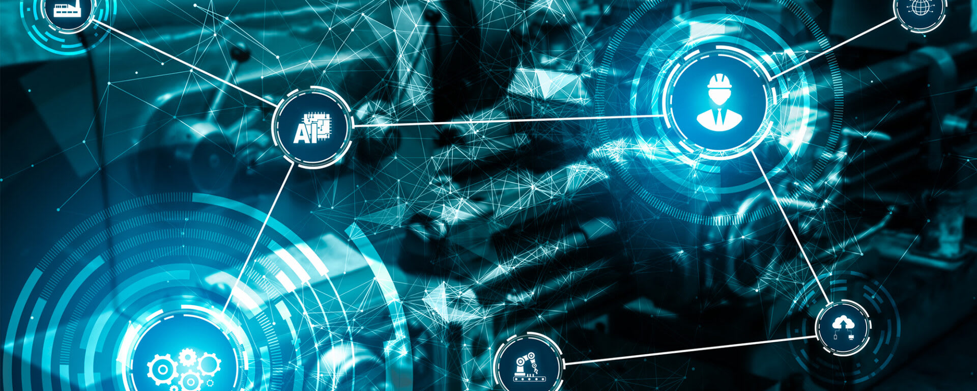 Digital industrial network visualisation showing connected devices, sensors, and AI icons representing IO-Link connectivity in a smart factory environment.