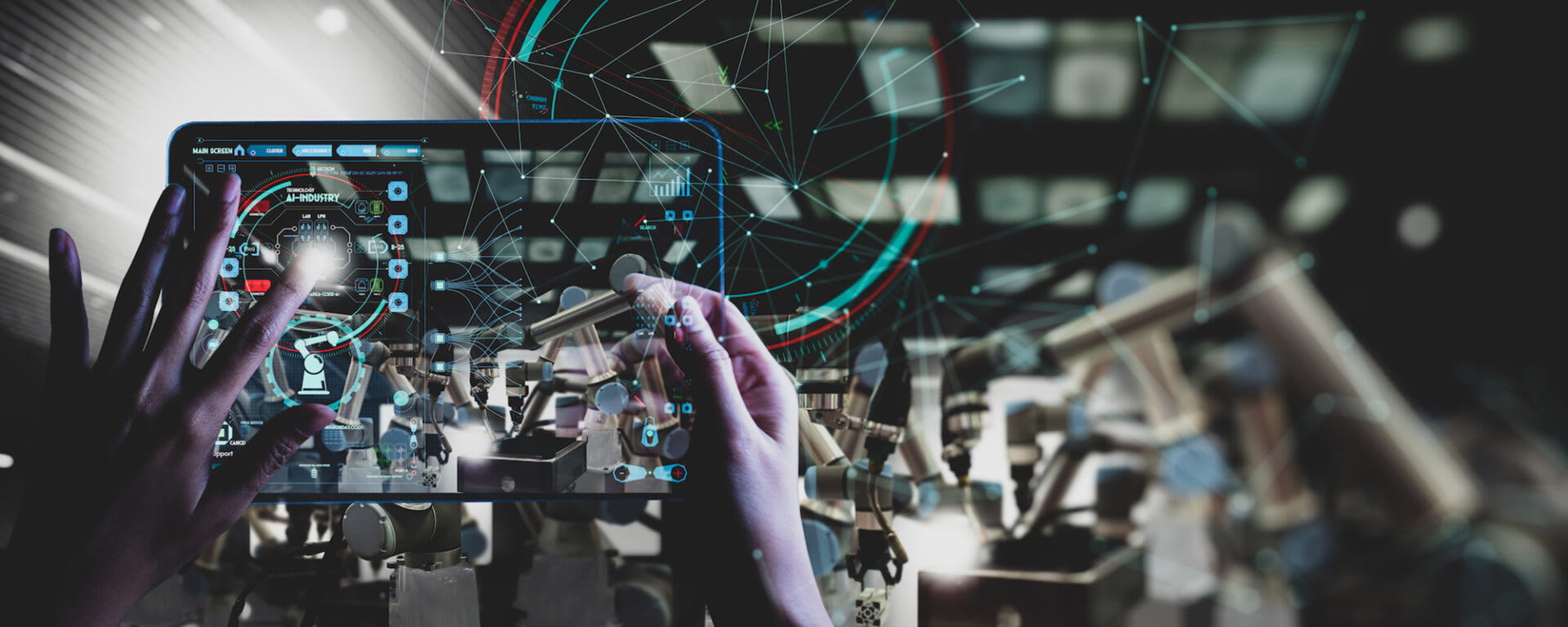 A person using an augmented reality device in a factory, with the device displaying technical information about a robotic arm