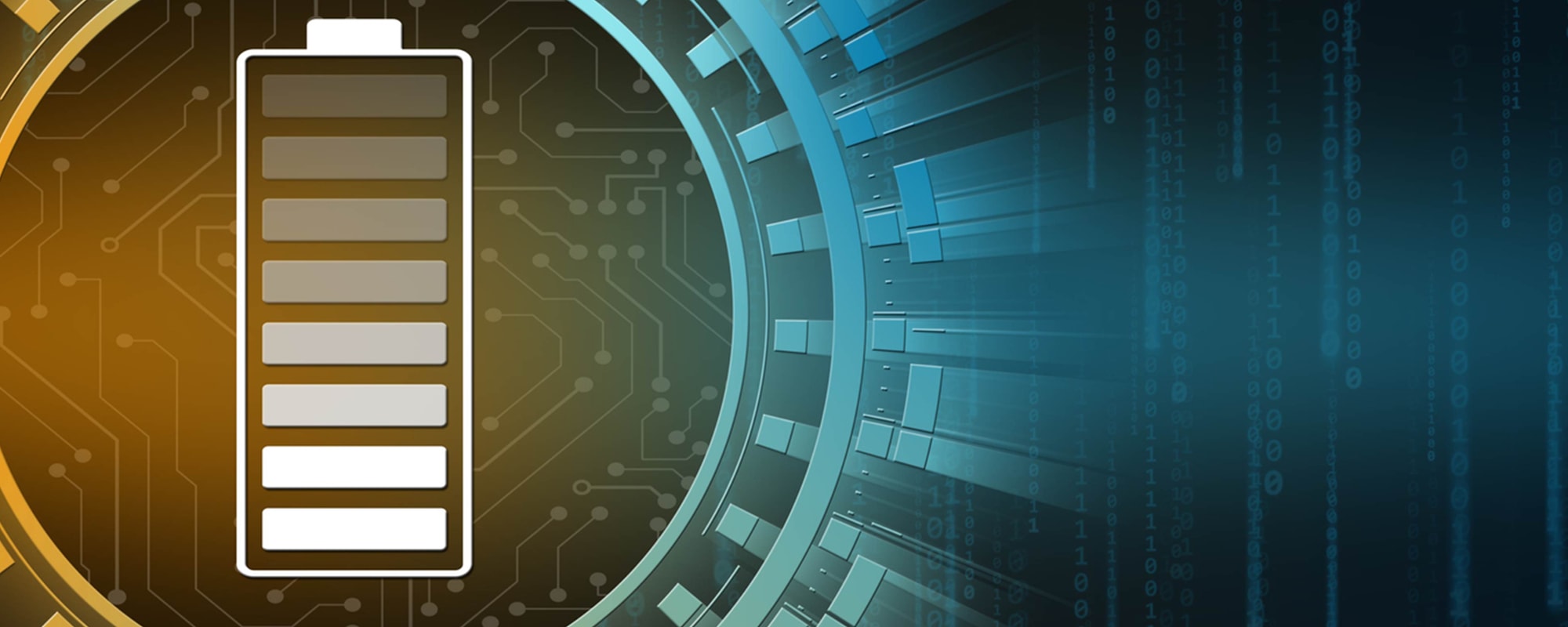 An icon of a digital battery, surrounded by blue and orange circuits, symbolising energy storage technology.