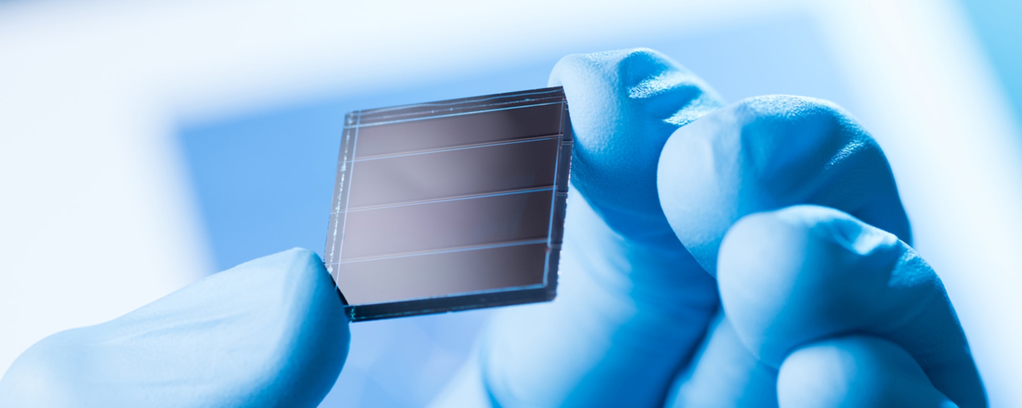 A close up of a hand, wearing blue protective gloves holding a small solar cell.