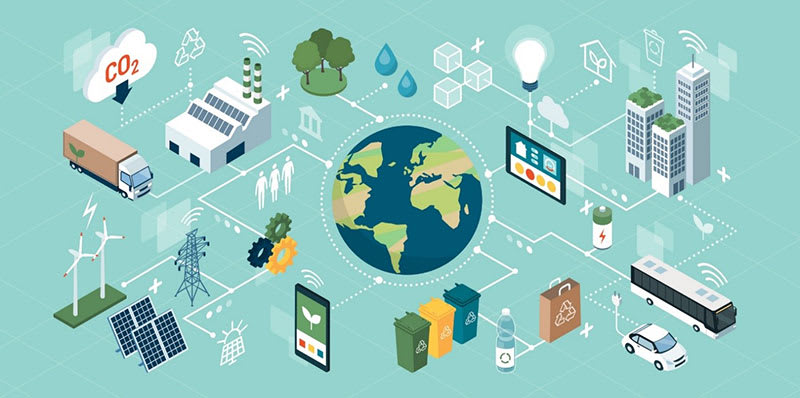 An icon of the Earth surrounded by icons representing different types of renewable energy sources and eco-friendly solutions in the sustainable energy sector.