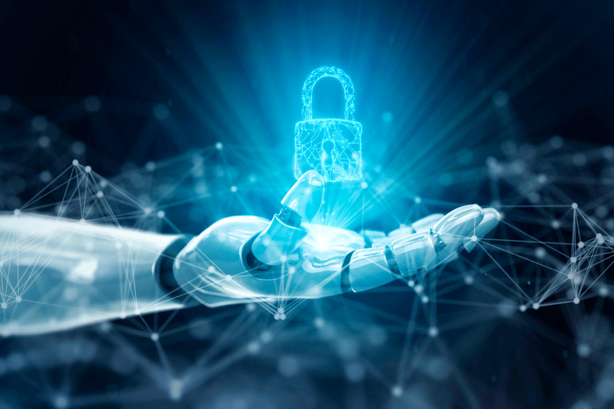 A robotic arm holding a digital padlock, surrounded by blue connecting lines to represent AI and machine learning in cybersecurity.