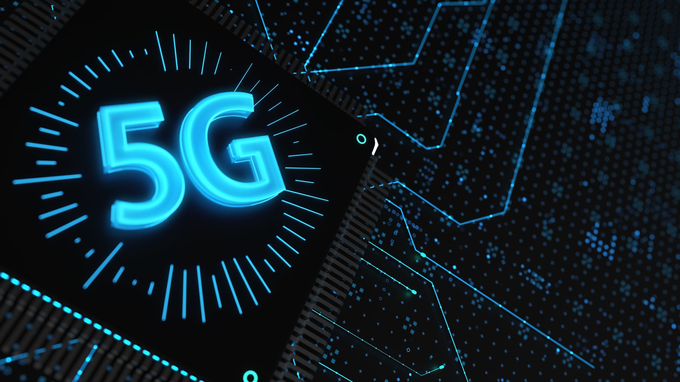 A large illustration that says "5G", over a dark, digital background to symbolise 5g and connectivity