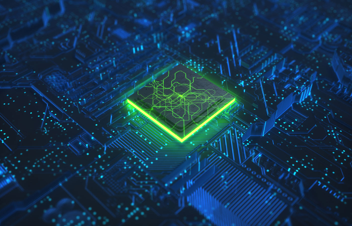 A glowing green microchip on a futuristic blue circuit board representing advanced quantum computing and AI processing power.