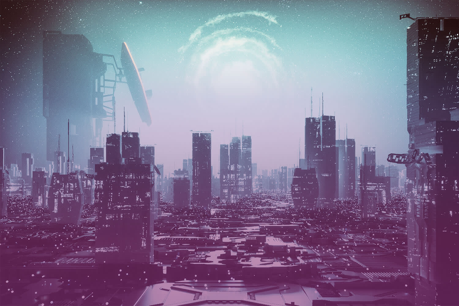 A distant shot of a futuristic city, with a large radar dish in the background and stars and satellites in the sky.