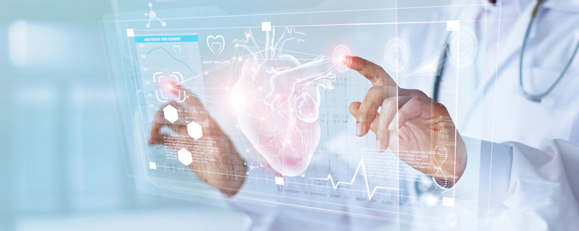 A doctor using a futuristic display showing a heart and vitals, representing digital twin technology in the health sector