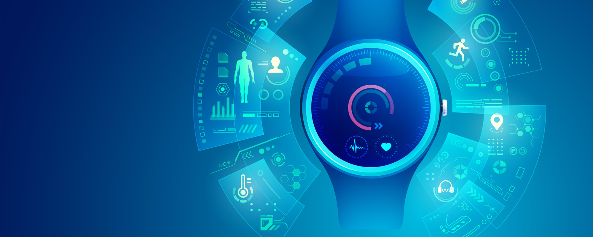 Illustration of a medical smartwatch displaying core vital signs and health metrics, surrounded by digital healthcare icons on a blue technology-themed background