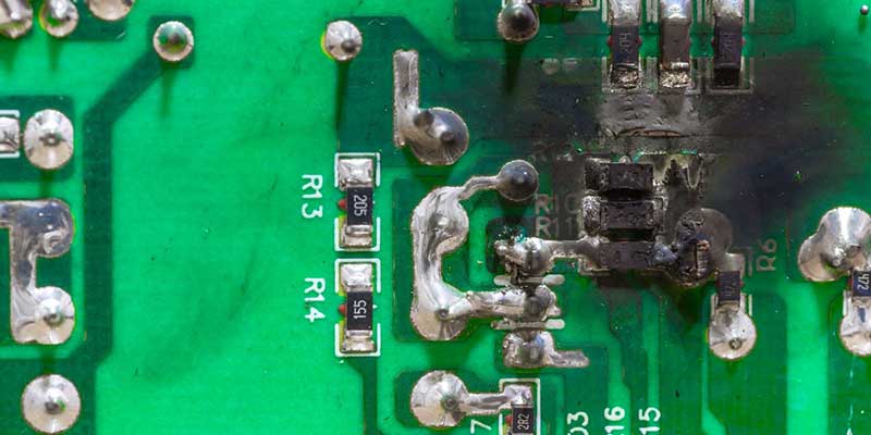 A close-up of a burnt out printed circuit board, due to lack of coating protection