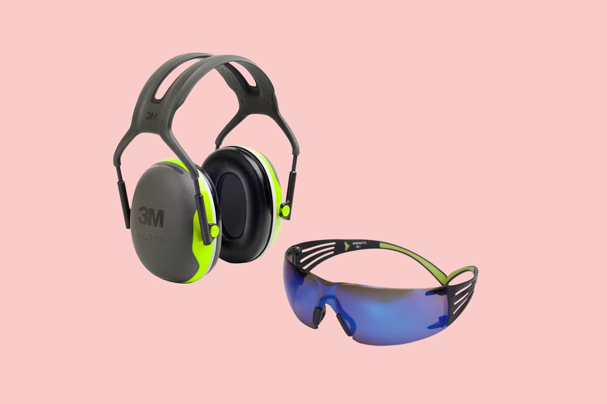 3M ear defenders next to a pair of securefit safety glasses