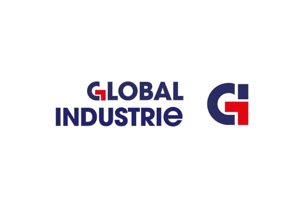 Logo Global Industrie écrit en blanc sur fond bleu