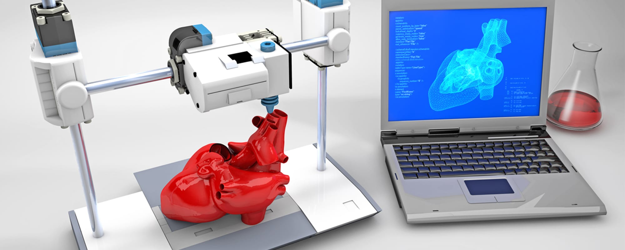 3D bioprinter printing a red human heart model on a platform, with a laptop displaying a digital heart blueprint and lab equipment nearby.