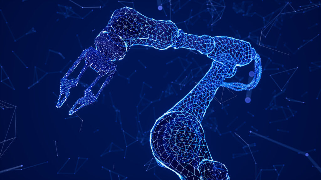 A glowing blue wireframe illustration of an industrial robotic arm against a dark background with geometric data points.