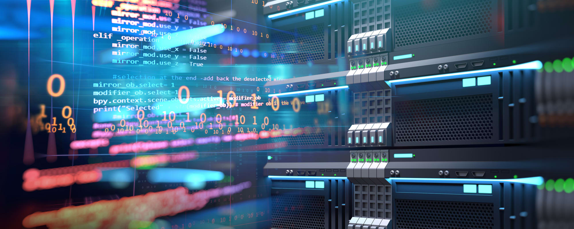 A server rack in a data centre, with numbers and code surrounding them.
